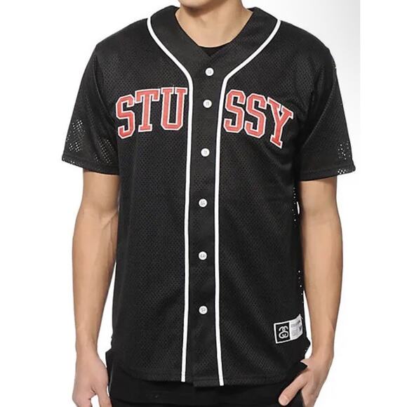 STUSSY Jersey Button up jersey black logo short sleeve Sz M - Picture 1 of 12